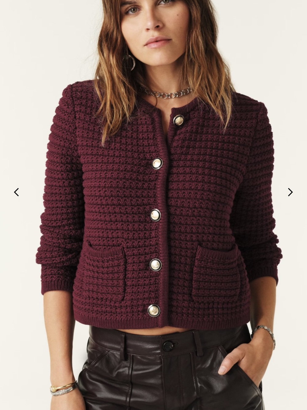 ba&sh Burgundy Cropped Textured Gaspard Cardigan silver buttons NWT S